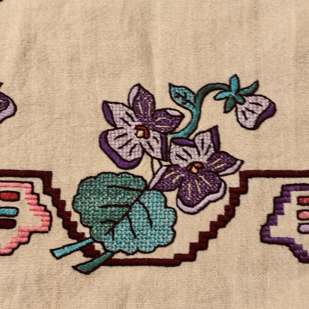 Vtg Cross Stitch Tablecloth Flowers Purple Forget Me Not Yellow Embroidered Hand